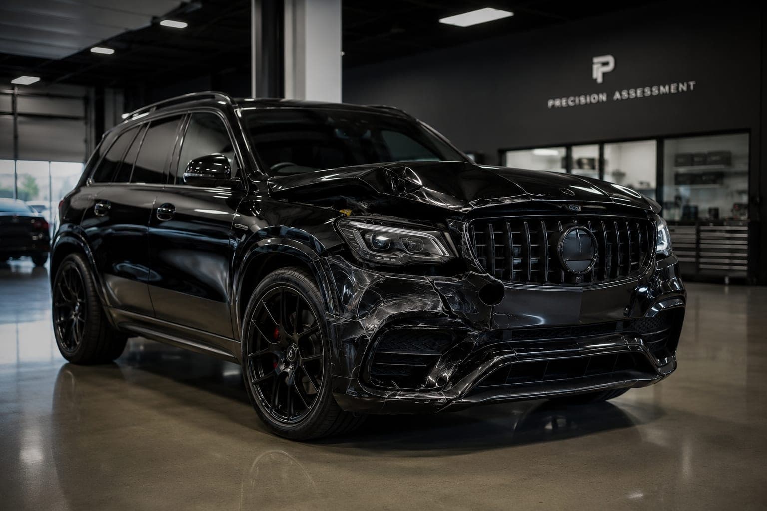 A black Mercedes-AMG SUV with severe front-end damage in an assessment workshop