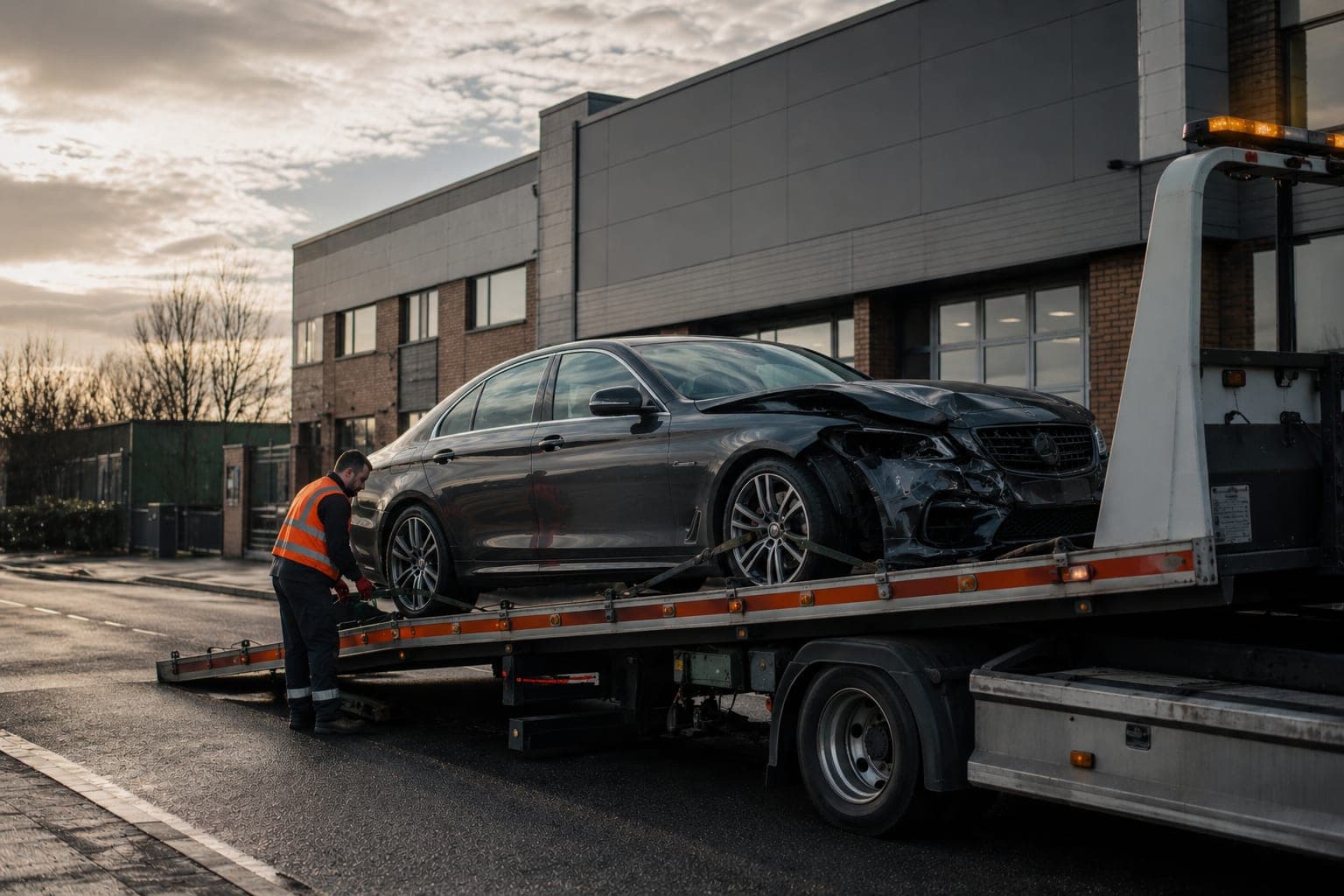 A damaged Mercedes saloon being loaded onto a recovery flatbed at sunrise